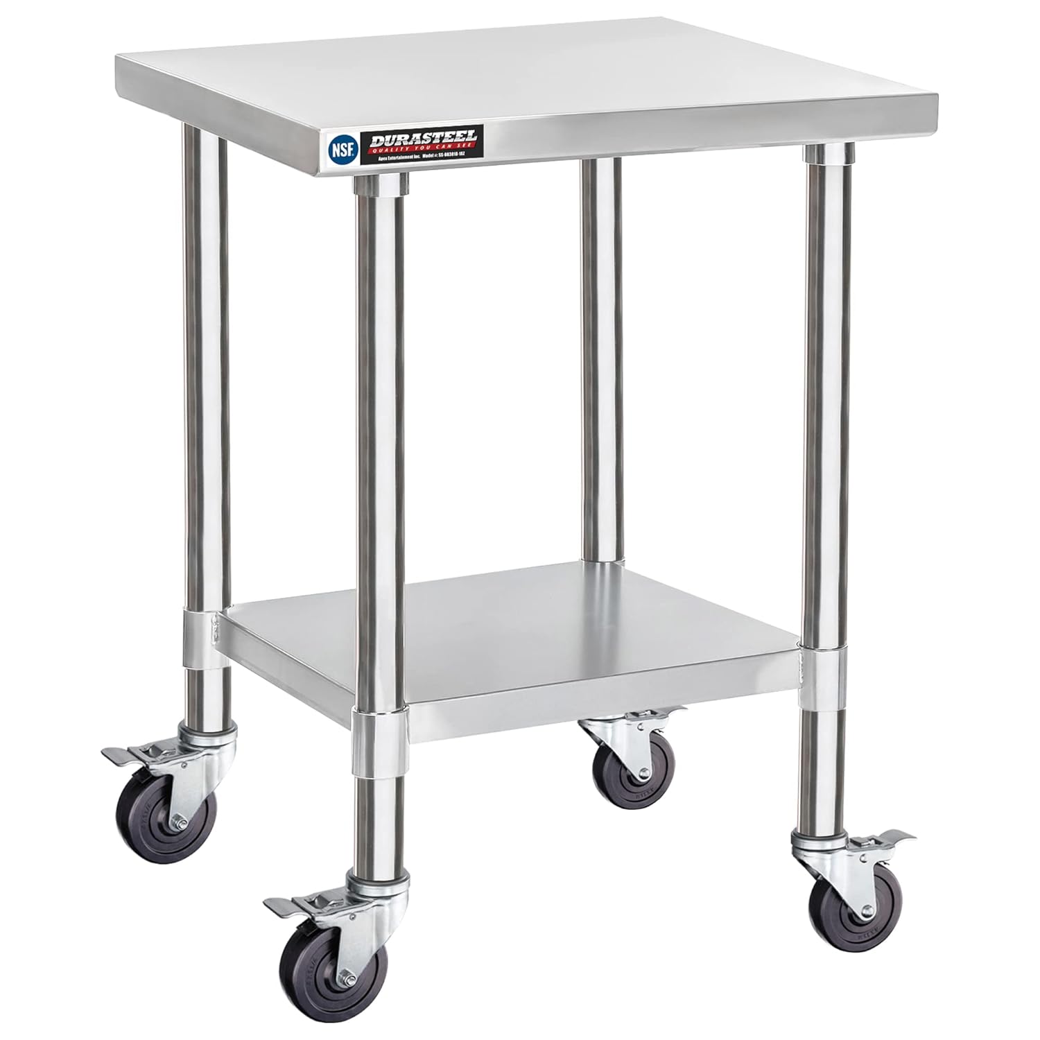 DuraSteel 30x18 NSF Stainless Steel Cart Work Table - Heavy Duty Rolling Food Prep Table - Metal