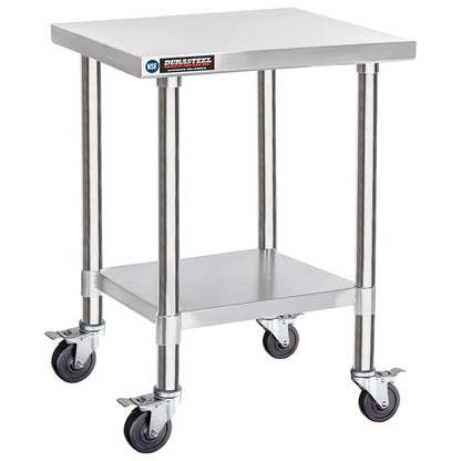 DuraSteel 30x18 NSF Stainless Steel Cart Work Table - Heavy Duty Rolling Food Prep Table - Metal