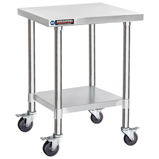 DuraSteel 30x18 NSF Stainless Steel Cart Work Table - Heavy Duty Rolling Food Prep Table - Metal