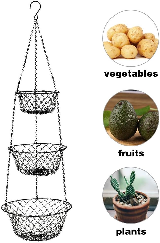 malmo 3-Tier Wire Fruit Hanging Basket, Vegetable Kitchen Storage Basket, Iron Wire Black