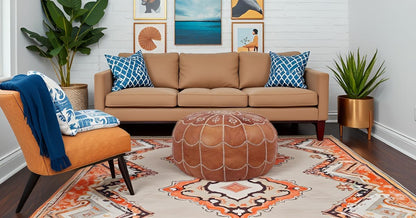 Stuffed Arch Design Moroccan Leather Pouf Ottoman, Handmade, Pre-Filled, 100% Genuine Leather, 14”