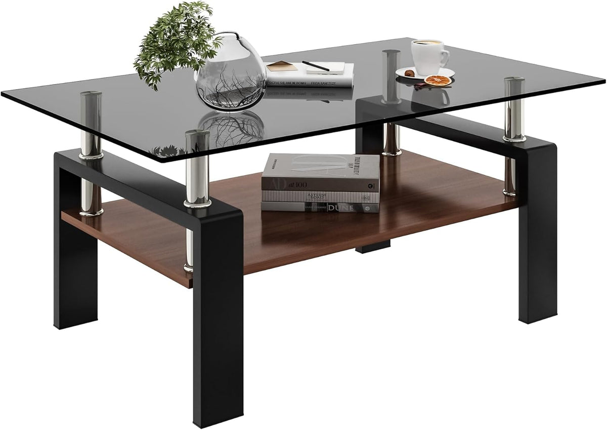 Glass Coffee Table Rectangle Living Room Center Table, with Gray Tempered Glass Tabletop and Brown