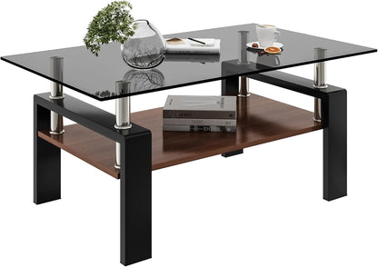 Glass Coffee Table Rectangle Living Room Center Table, with Gray Tempered Glass Tabletop and Brown