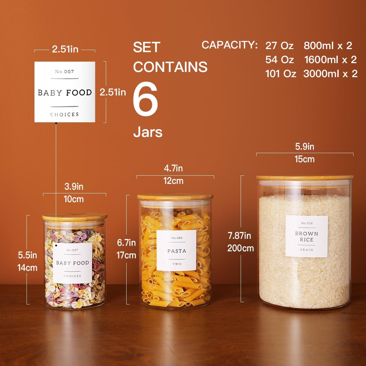 Set of 6 Glass Flour and Sugar jars with 132 Kitchen Pantry Labels - Thicken Large Glass Storage