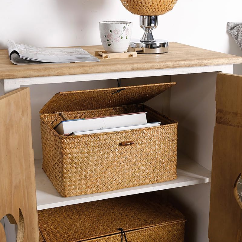 Wicker Basket with Lid, Seagrass Storage Basket, Woven Baskets for Storage, Decorative Storage