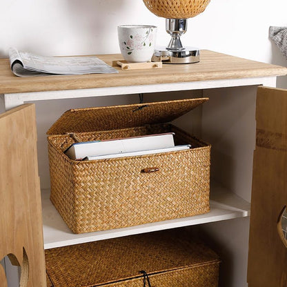 Wicker Basket with Lid, Seagrass Storage Basket, Woven Baskets for Storage, Decorative Storage