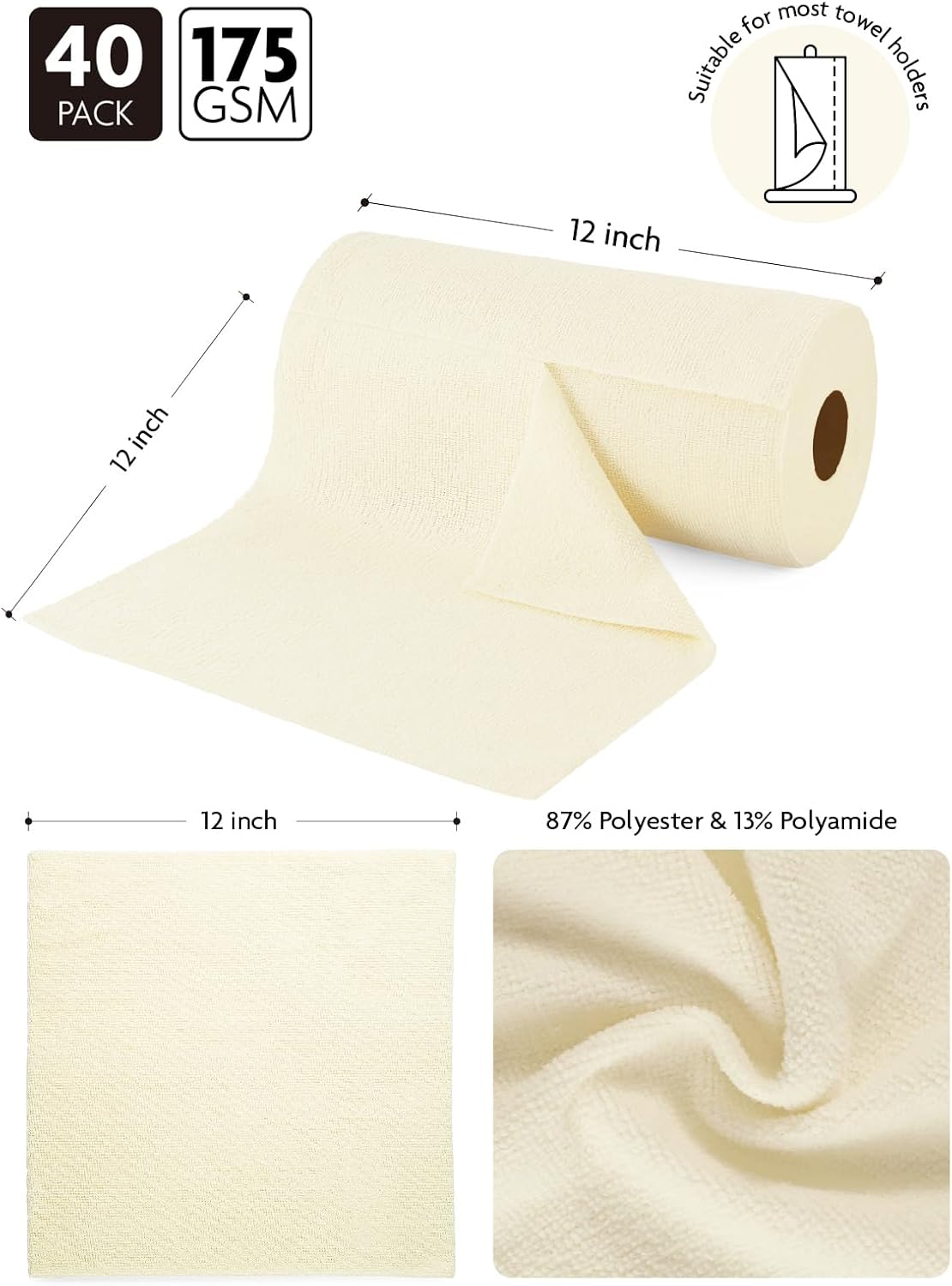 Fantasticlean Microfiber Cleaning Cloth Roll -40 Pack, Tear Away Microfiber Towels, 12" x 12"