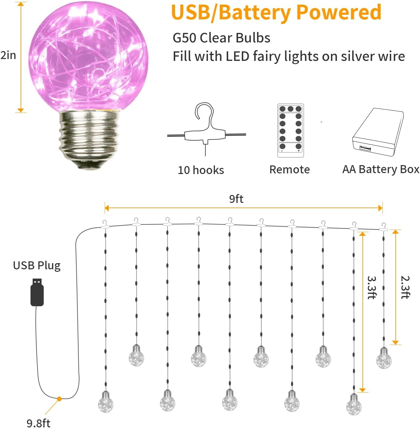 YOLIGHT Wishing Ball Curtain Lights 200 LED Window Curtain String Light with Remote, USB Battery