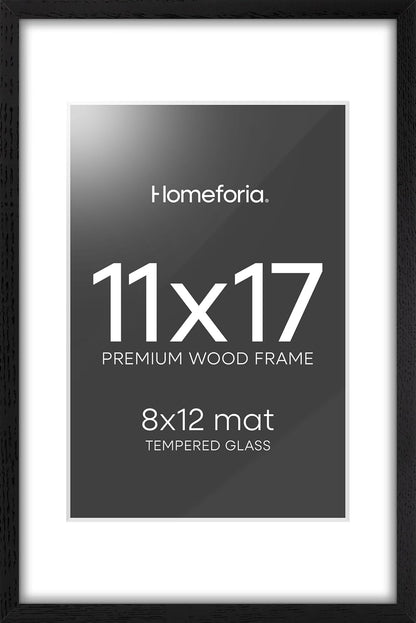 Homeforia 11x17 Picture Frame Black Wood, High End Oak 11x17 Poster Frames with Mat 8x12, 11 x 17
