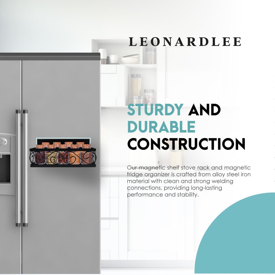 LEONARDLEE Magnetic spice Rack, Stronger Magnet with Wall Mount Option. 4 Removable Hooks, Perfect