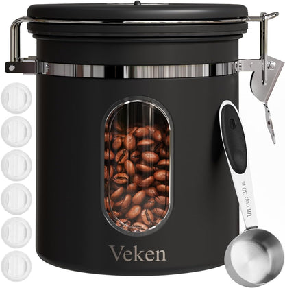 Veken Coffee Canister with Window, Airtight Stainless Steel Kitchen Food Storage Container with