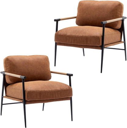 Mid-Century Accent Chair Set of 2, Soft Armchair PU Leather Lounge Chair with Black Metal Legs
