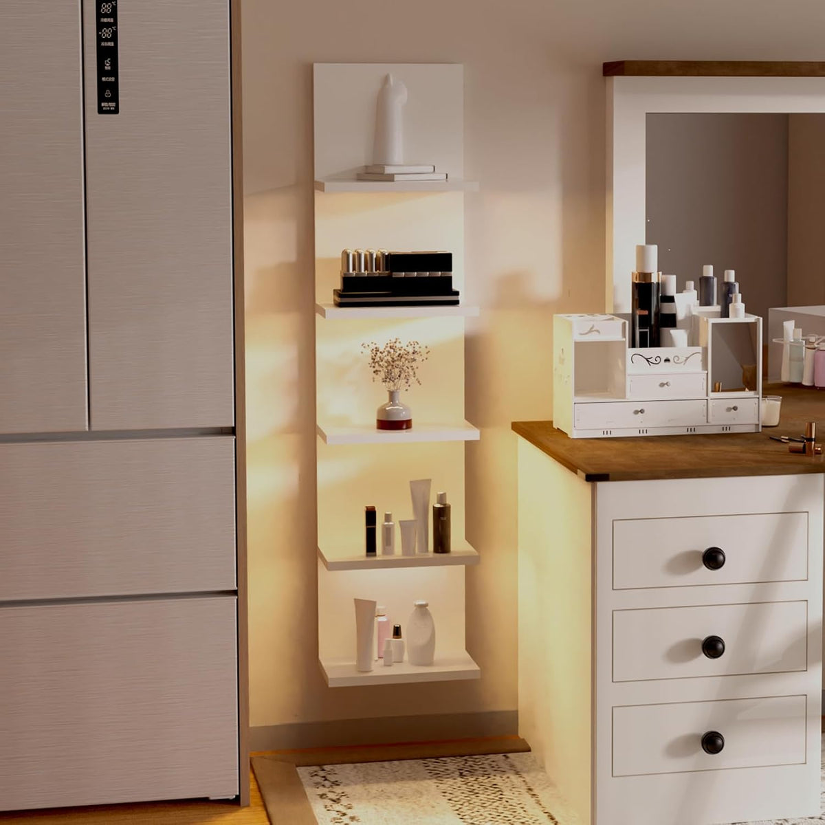 5 Tier Wall Shelf with Light, White Modern Vertical Lack Wall Shelves, Wall Mount, Floating Column