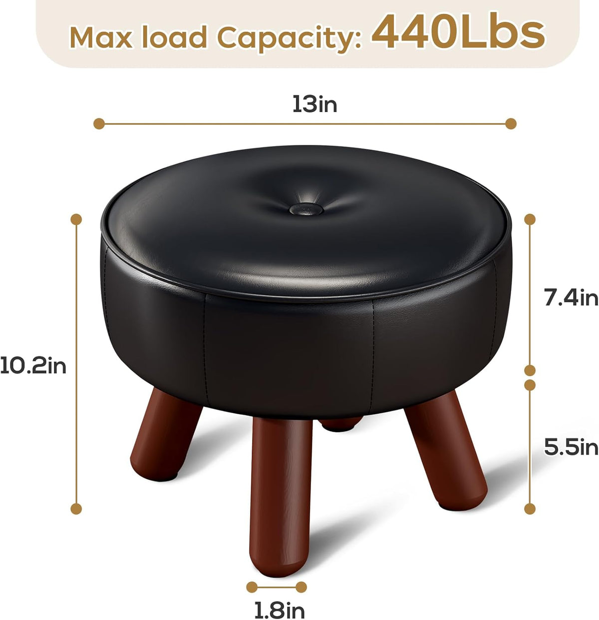 13in Small Foot Stool Ottoman, Round Faux Leather Foot Rest, Footstool Ottomans with Rubber Legs