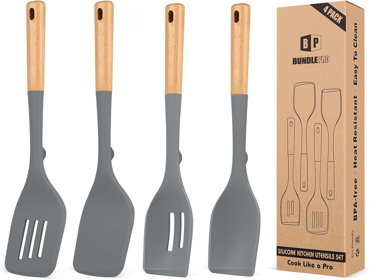Pack of 4 Silicone Kitchen Utensils Set, Non Stick Solid Spatulas and Heat Resistant Slotted Spoons
