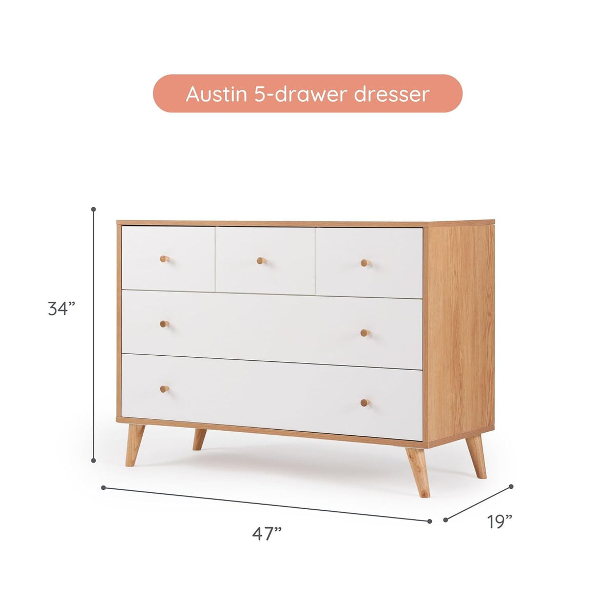 dadada Austin 5-Drawer Dresser for Nursery and Bedroom - Modern Design, Large Storage, Baby-Safe