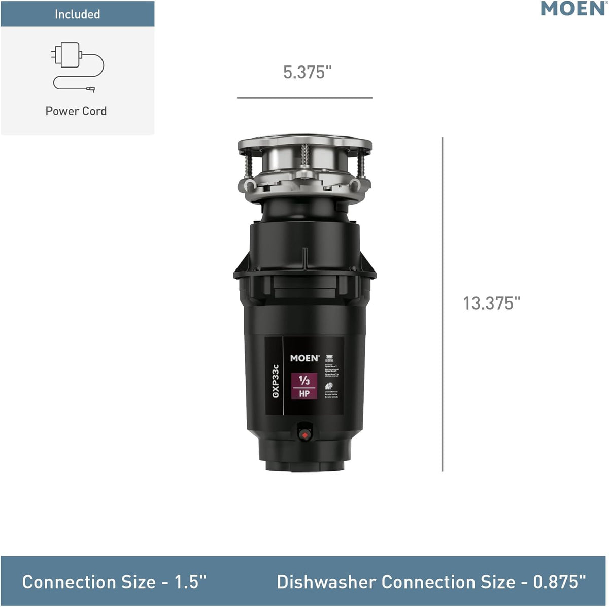 Moen Lite Series PRO Compact Continuous Feed Garbage Disposal for Kitchen Sink with Power Cord