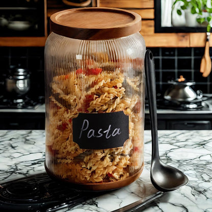 SAIOOL 2-Pack Striped Borosilicate Glass Airtight Canisters - Big mouth Large Capacity, Acacia Wood