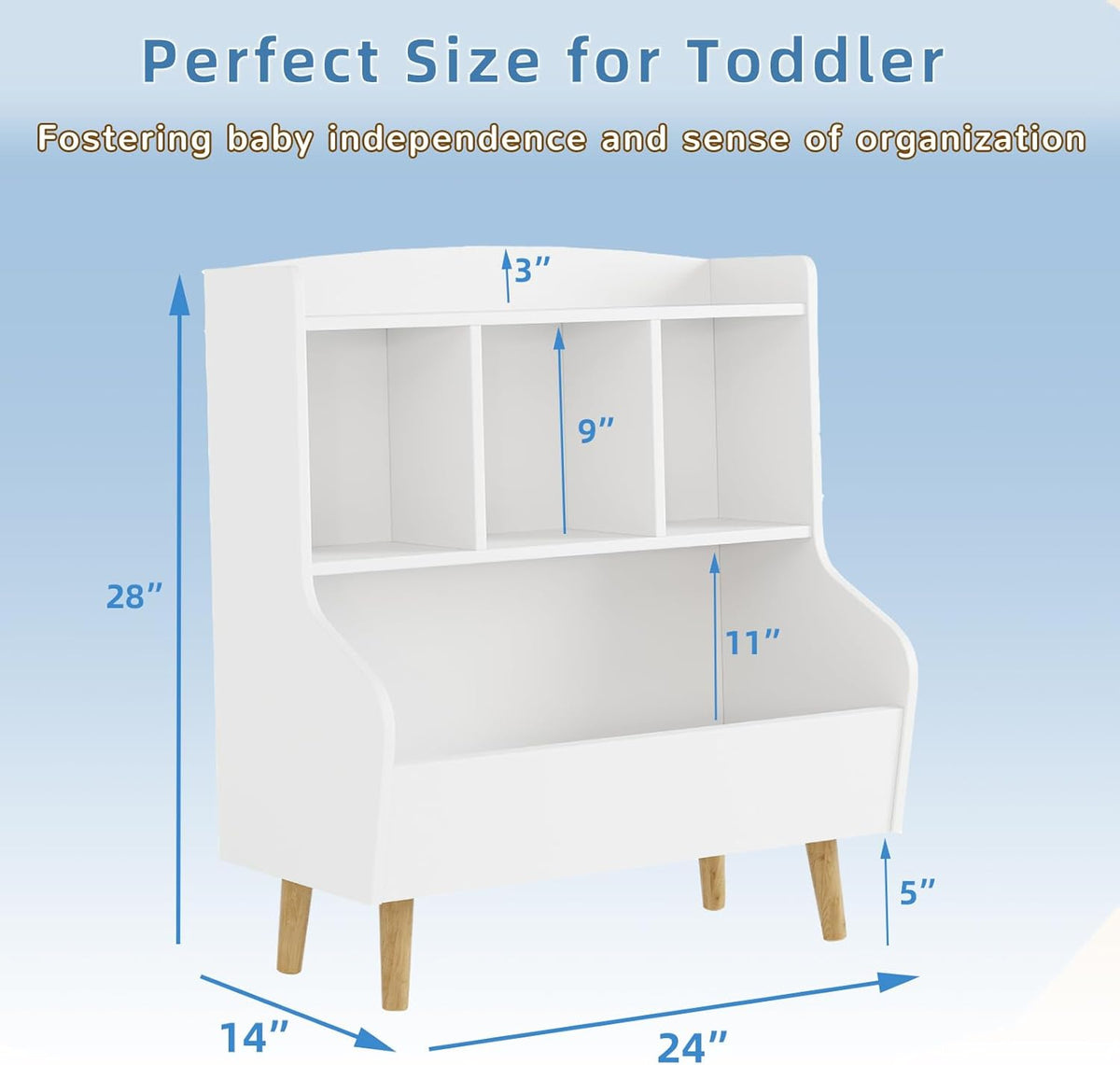Kids Bookshelf and Toy Storage, 4-Cubby Toy Storage Organizer with Bookcase, Wood Kid Storage