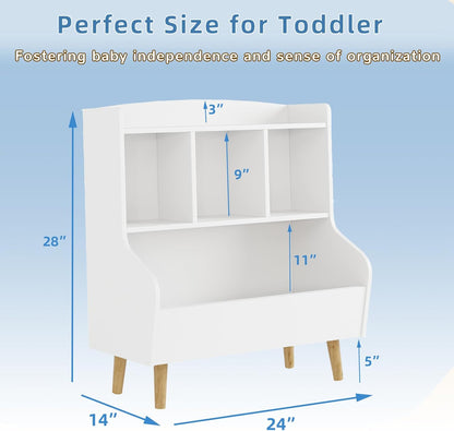 Kids Bookshelf and Toy Storage, 4-Cubby Toy Storage Organizer with Bookcase, Wood Kid Storage