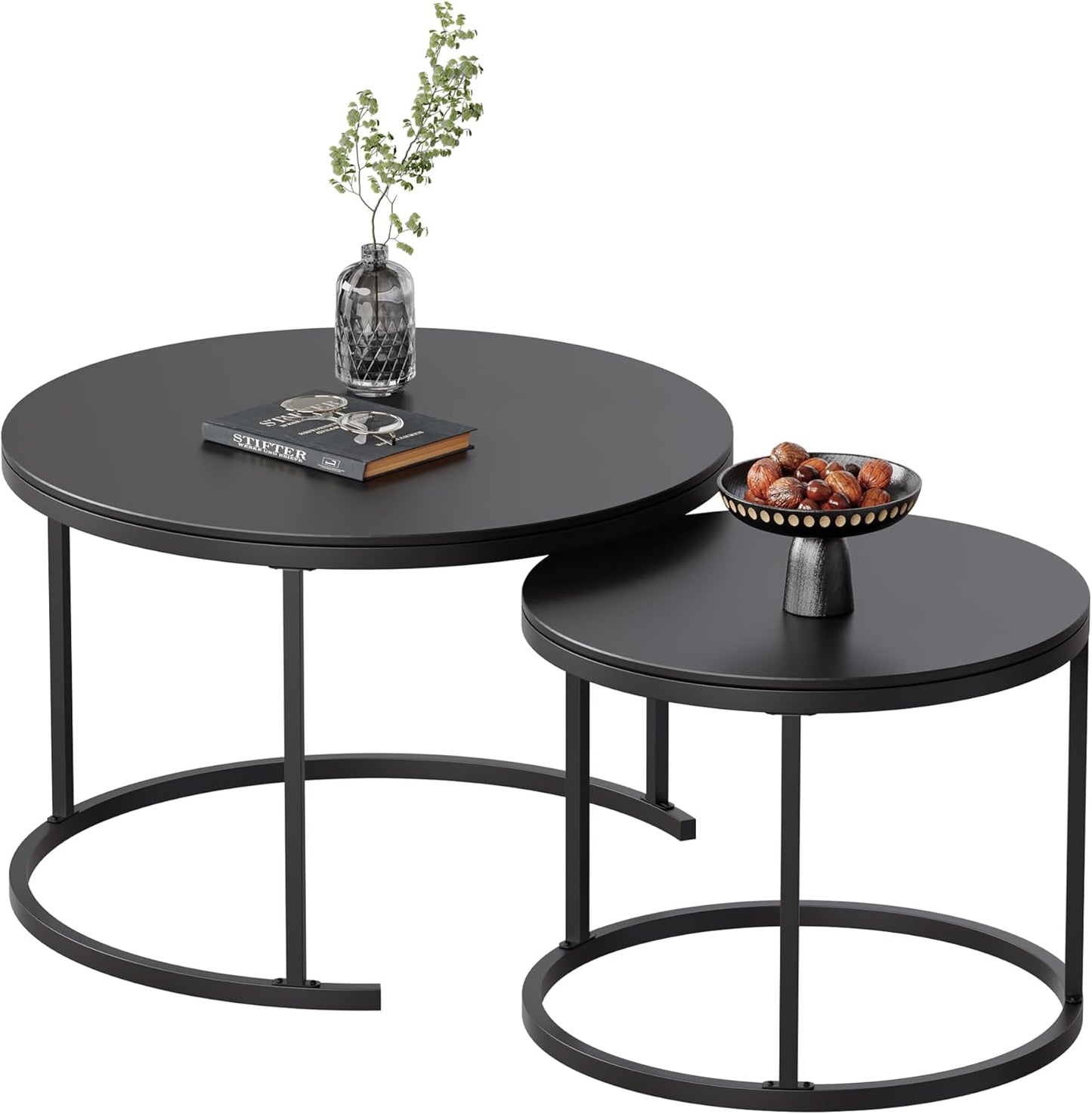 Round Nesting Coffee Table, Black Modern Decorative Coffee Center Table Set of 2, Sintered Stone