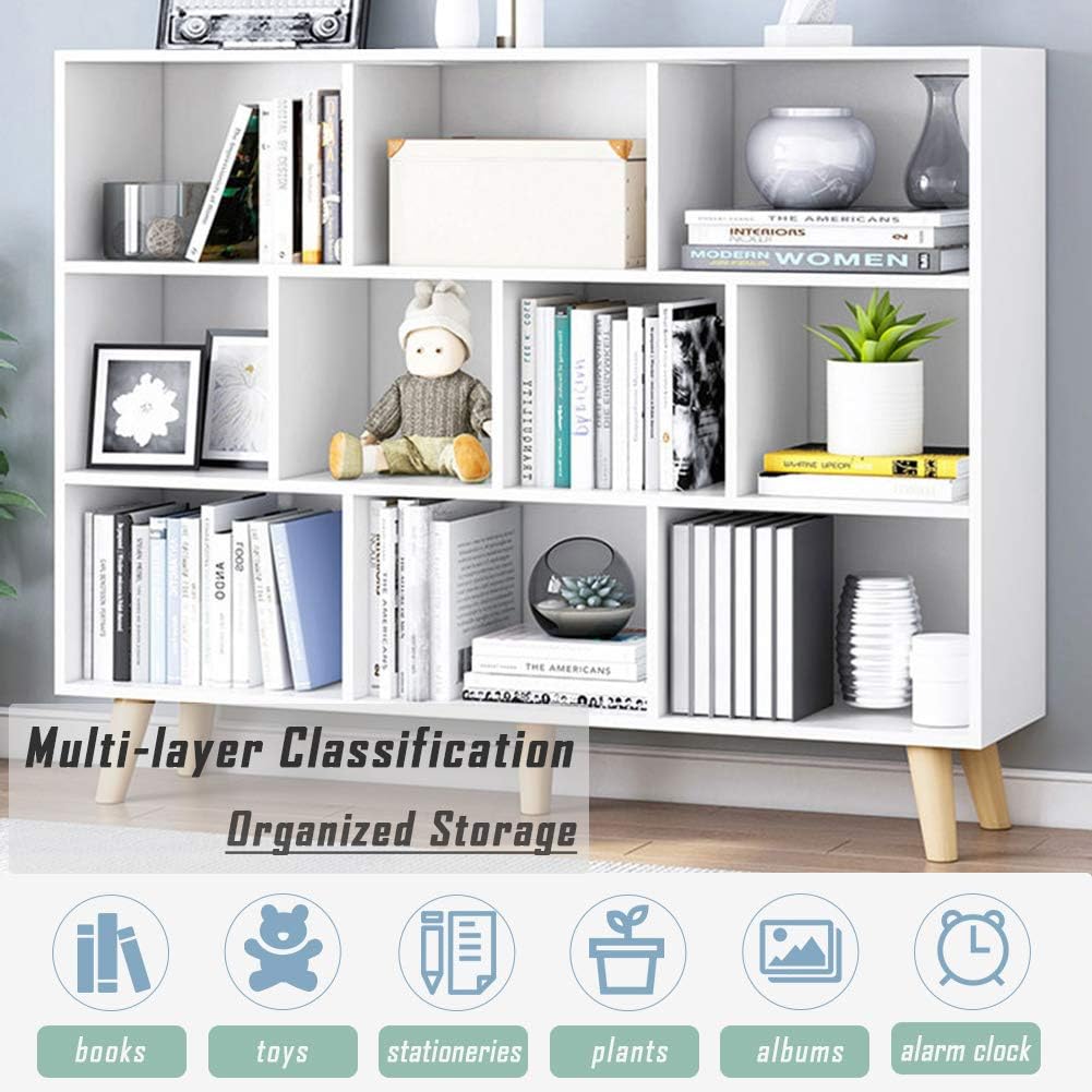 IOTXY Wooden Open Shelf Bookcase - 3-Tier Floor Standing Display Cabinet Rack with Legs, 10 Cubes