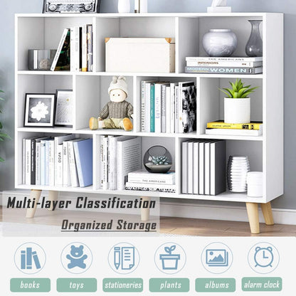 IOTXY Wooden Open Shelf Bookcase - 3-Tier Floor Standing Display Cabinet Rack with Legs, 10 Cubes