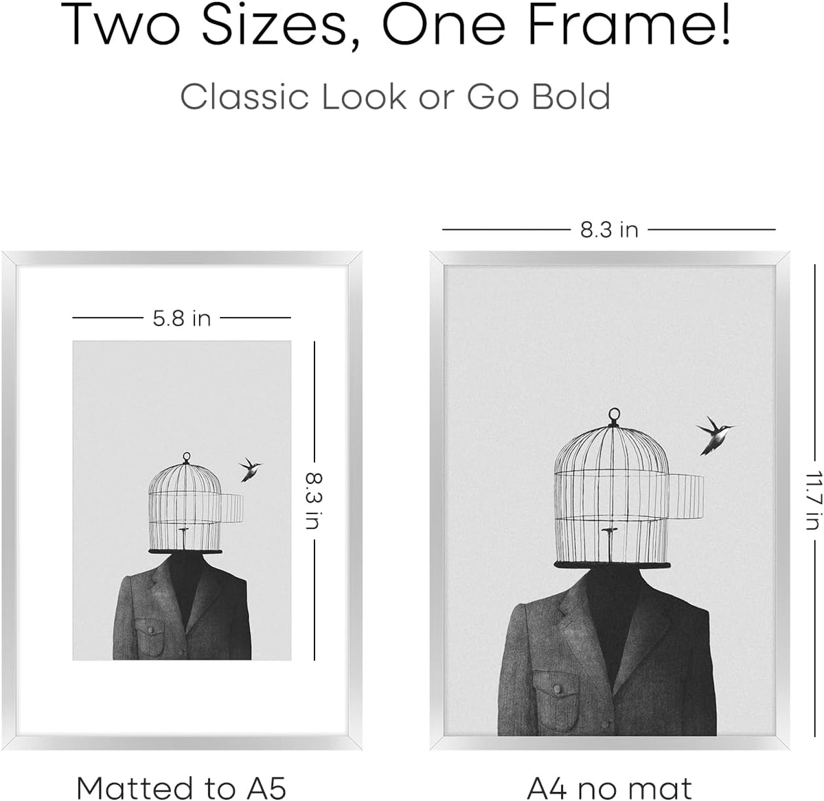Homeforia A4 Picture Frame Silver, High End Metal 8.3 x 11.7 inch Silver Poster Frames with Mat 5.8