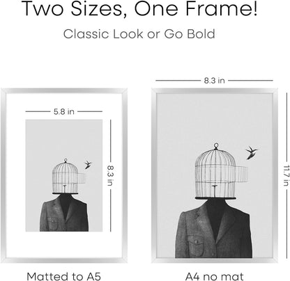Homeforia A4 Picture Frame Silver, High End Metal 8.3 x 11.7 inch Silver Poster Frames with Mat 5.8