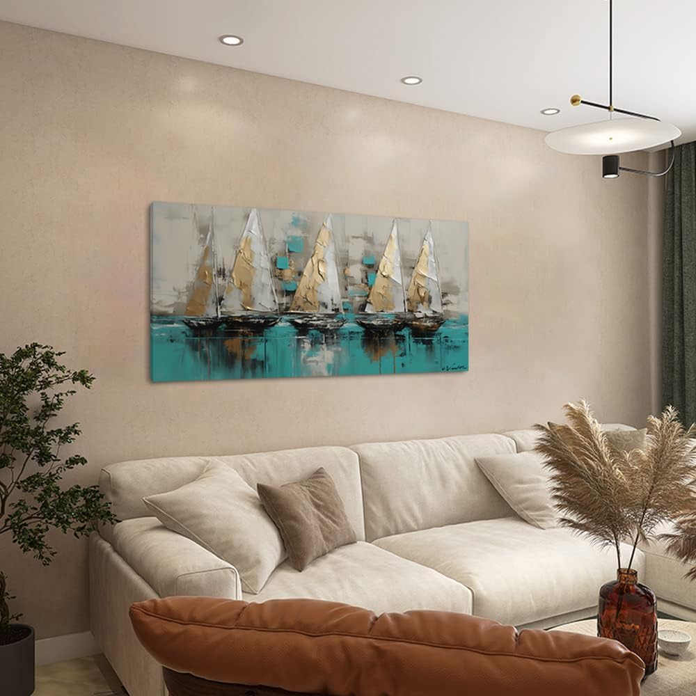 LASMOND Framed canvas wall art Large Boats for living room Nature bedroom Decor Ocean landscape