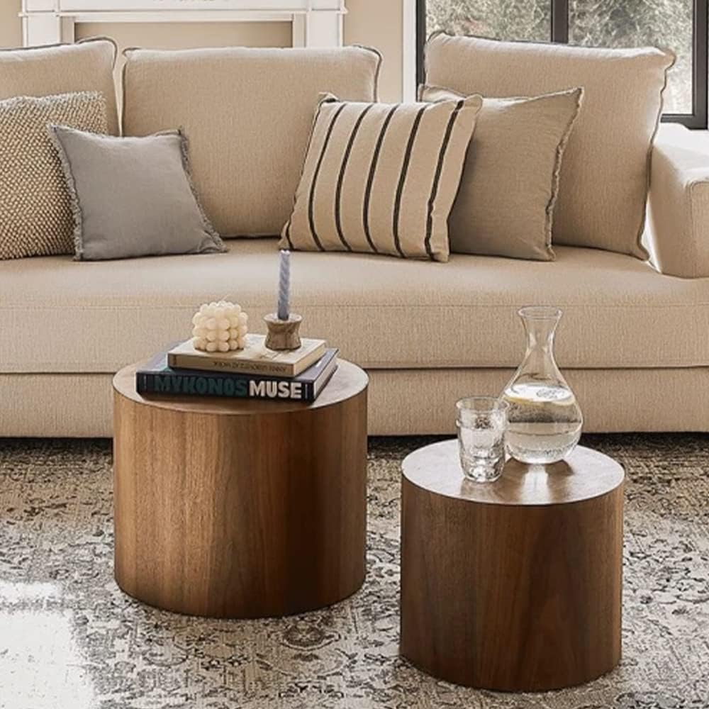 WILLIAMSPACE Nesting Coffee Table Set of 2, Walnut Round Wooden Coffee Tables Modern Circle Table