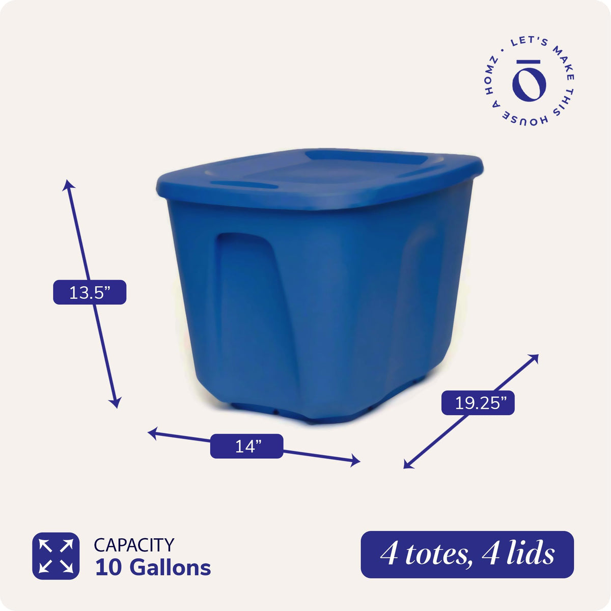 HOMZ 4-Pack Durable Molded Bin, Plastic Storage Containers w/Lids, 10 Gallon, Blue - Stackable