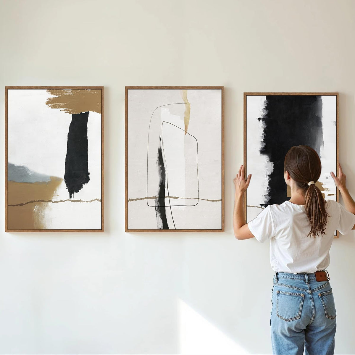 SIGNINART Black and White Abstract Framed Canvas Wall Art Set of 3, Beige Neutral Art Prints