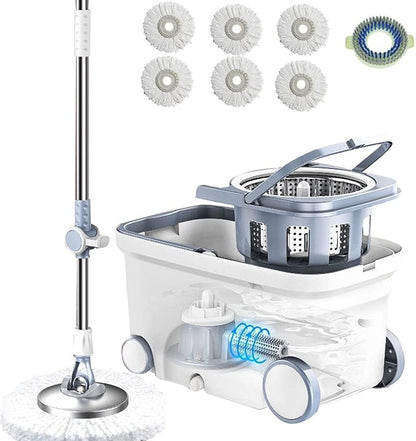 Spin Mop Bucket Deluxe 360 Spinning Floor Cleaning System with 6 Microfiber Replacement Head