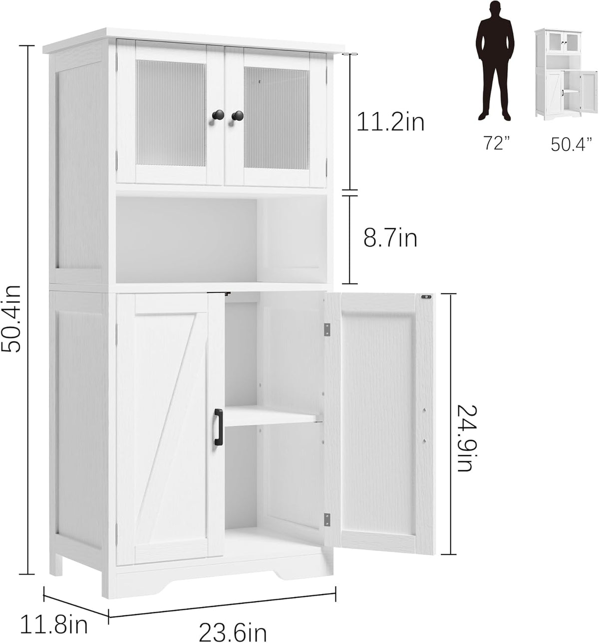 GarveeHome 54in Tall Bathroom Cabinet, Farmhouse Storage Cabinet with Glass Doors and Adjustable
