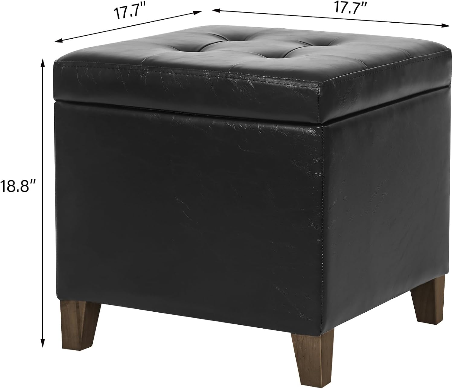 Adeco Faux Leather Storage Ottoman Bench with Solid Wood Legs, 17.7" Square Black PU Cube Foot