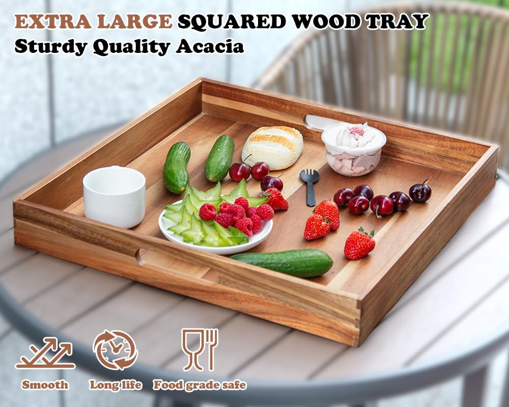 Large Ottoman Tray for Living Room, 20" Extra Large Tray for Ottoman Square Acacia Serving Trays