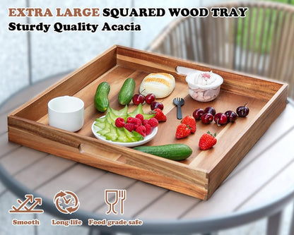 Large Ottoman Tray for Living Room, 20" Extra Large Tray for Ottoman Square Acacia Serving Trays