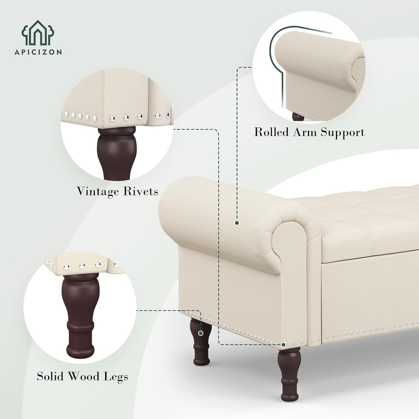 Apicizon 51”Storage Ottoman Bench, Soft Faux Leather Indoor Bench with Rolled Arm and Vintage