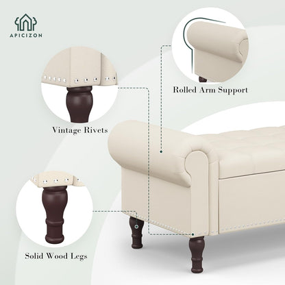 Apicizon 51”Storage Ottoman Bench, Soft Faux Leather Indoor Bench with Rolled Arm and Vintage