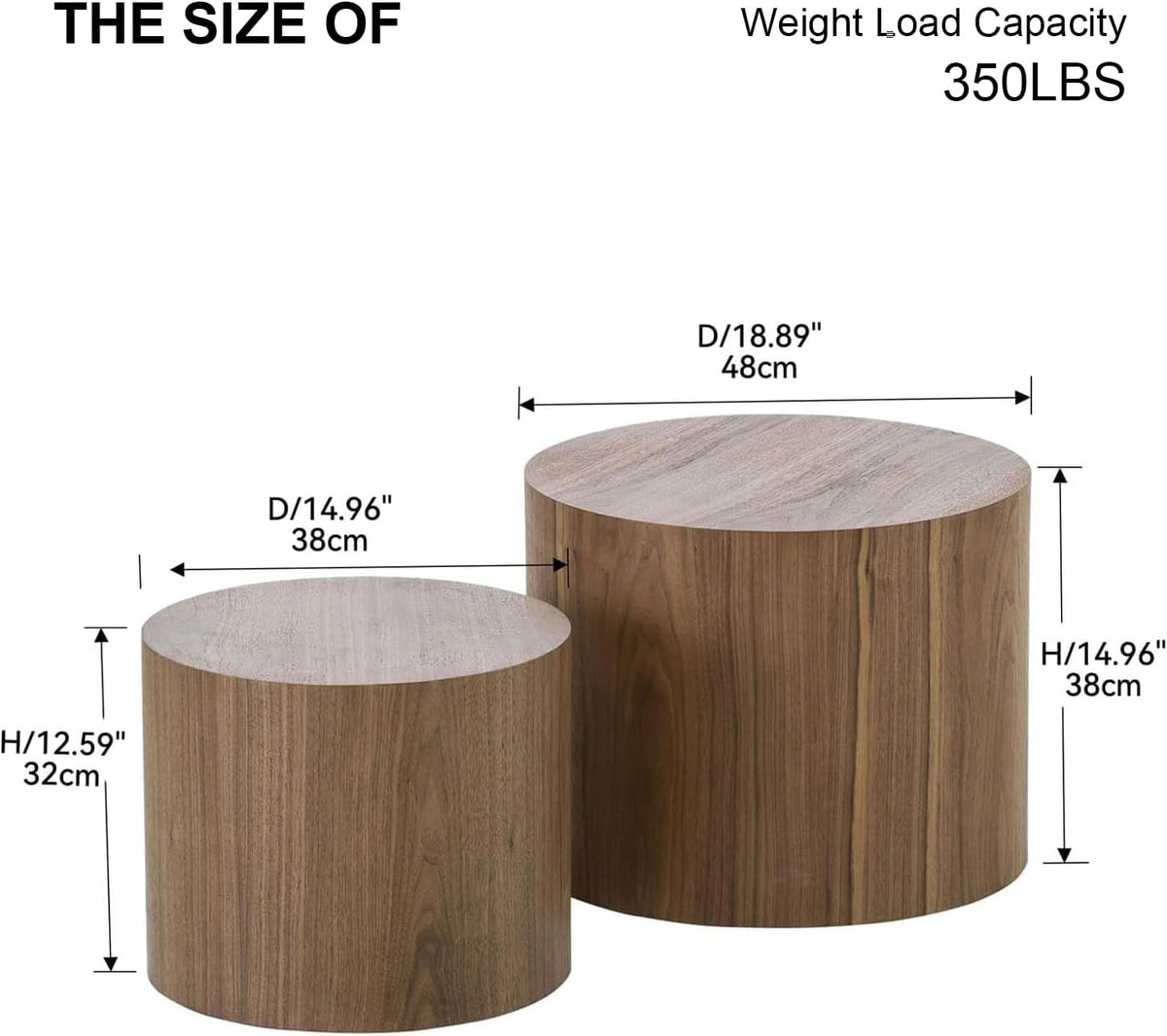Nesting Coffee Table Set of 2, Modern Round Coffee Table with Non-Slip Feet, Walnut Wooden Circle