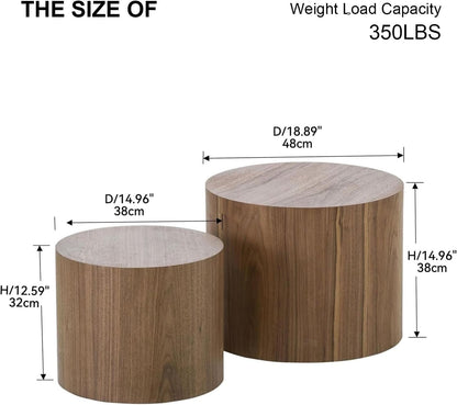 Nesting Coffee Table Set of 2, Modern Round Coffee Table with Non-Slip Feet, Walnut Wooden Circle