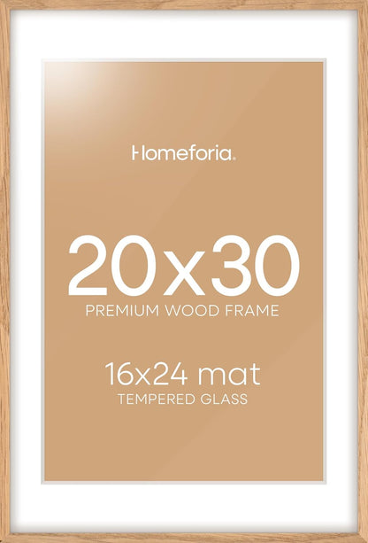 Homeforia 20x30 Picture Frame Wood, High End Natural Oak 20 x 30 Frame with Mat 16 by 24, 20x30