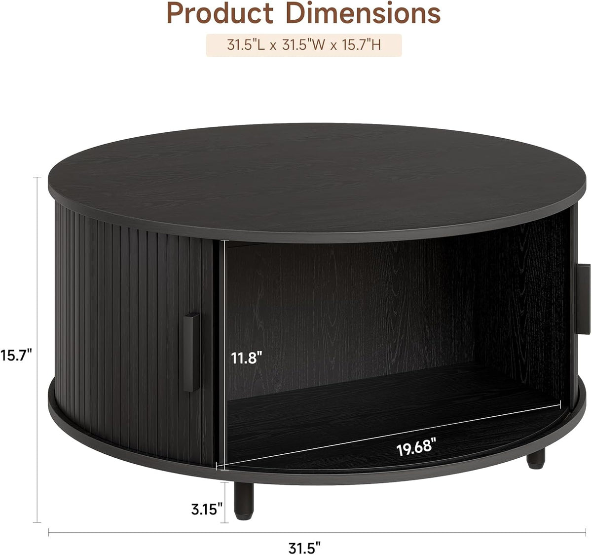 Round Coffee Table with Storage, 31.5" Modern Coffee Table with 360° Curved Sliding Door, Fluted