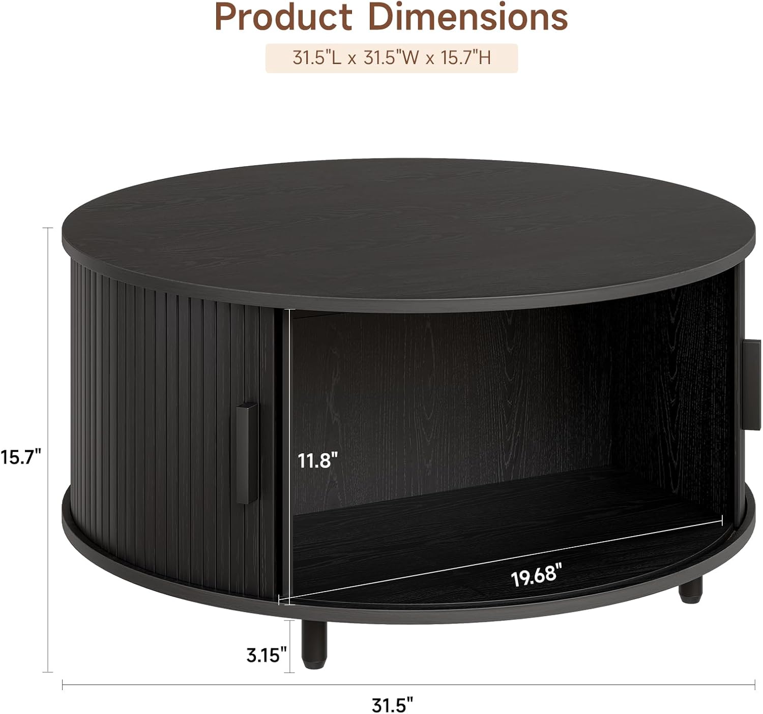 Round Coffee Table with Storage, 31.5" Modern Coffee Table with 360° Curved Sliding Door, Fluted