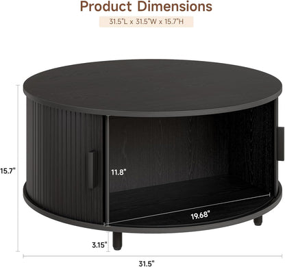 Round Coffee Table with Storage, 31.5" Modern Coffee Table with 360° Curved Sliding Door, Fluted