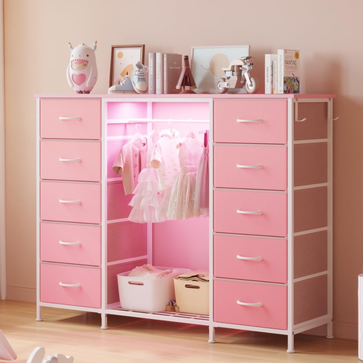 LUMTOK 2-in-1 Dresser with Hanging Rack, 10 Drawers Dresser for Bedroom,Dressers with Fabric