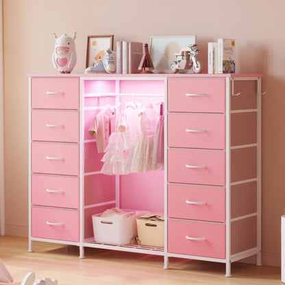 LUMTOK 2-in-1 Dresser with Hanging Rack, 10 Drawers Dresser for Bedroom,Dressers with Fabric