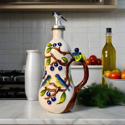 18 Oz Hand Painted Relief Ceramic Olive Oil Bottle Dispenser for Kitchen, Oil and Vinegar Bottle