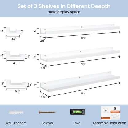 Picture Ledge Shelf for Wall, 36 inches Solid Pine Wood Nursery Book Shelves 3 Packs, Floating